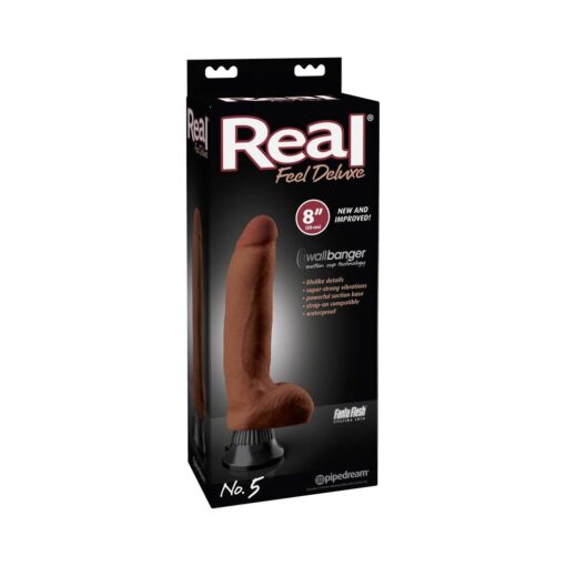 Real Feel Deluxe No. 5 Realistic 8 in. Vibrating Dildo With Balls and Suction Cup Brown