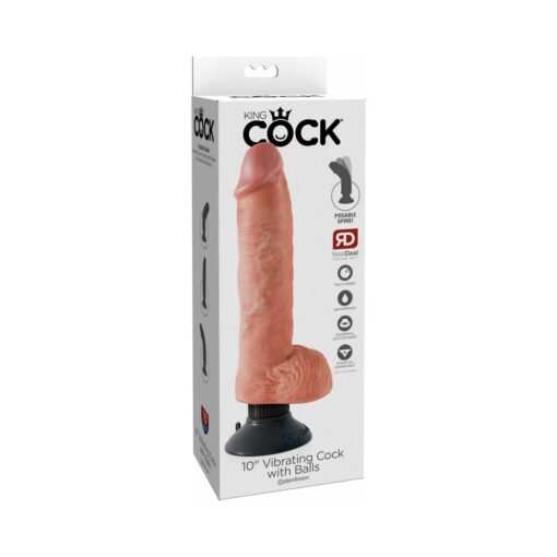 King Cock 10 in. Vibrating Cock With Balls Poseable Suction Cup Dildo Beige