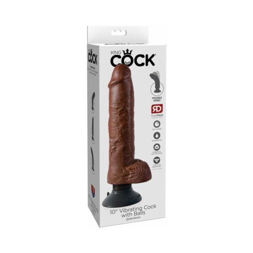 King Cock 10 in. Vibrating Cock With Balls Poseable Suction Cup Dildo Brown