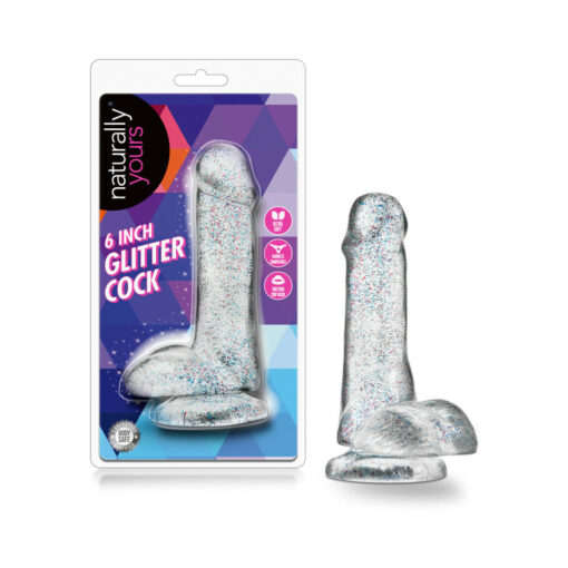 Naturally Yours 6 in. Glitter Cock Realistic Dildo with Balls Sparkling Clear