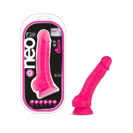 Neo Elite 7.5 in. Silicone Dual Density Dildo with Balls Neon Pink