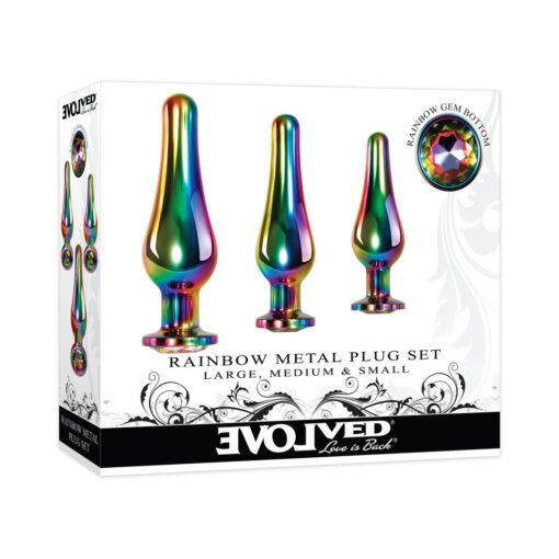 Evolved 3-Piece Rainbow Metal Anal Plug With Rainbow Gemstone Base Set