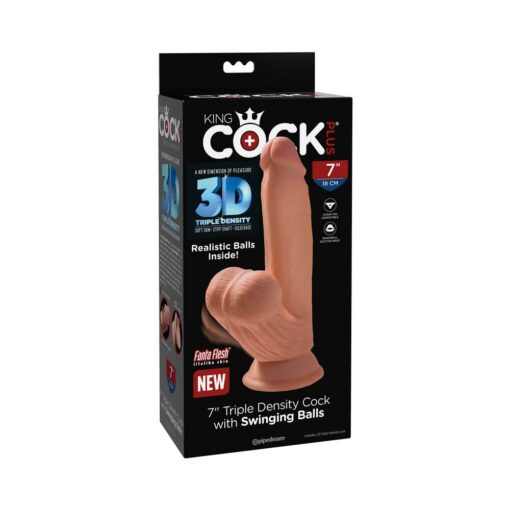 King Cock Plus 7 in. Triple Density Cock With Swinging Balls Dildo Tan