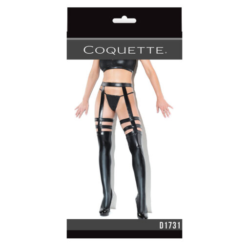 Coquette Thigh-High Wetlook Stockings with Garters Black Queen Size Boxed