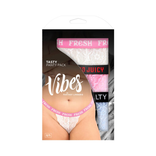 Fantasy Lingerie Vibes Tasty Vibes Pack 3-Piece Lace Thong Panty Set Blue-Pink-White Queen Size