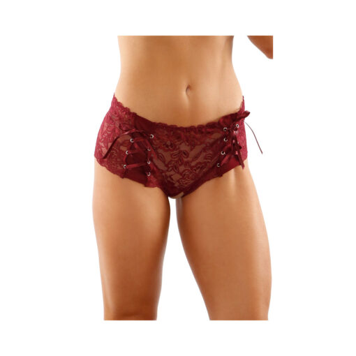 Magnolia Crotchless Lace Boyshort With Lace-Up Panel Details Garnet S-M