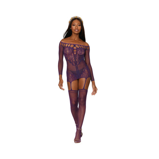 Dreamgirl Fishnet Lace Garter Dress With Attached Stockings Aubergine O-S