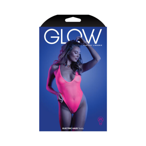 Fantasy Lingerie Glow Electric Haze Criss Cross Back Teddy with Snap Closure Neon Pink M-L