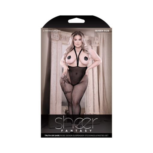 Fantasy Lingerie Sheer Truth Or Dare Suspender Stockings & Pasties Set Black Queen