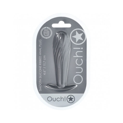 Ouch! Smooth Silicone Ribbed Anal Plug 4.6 in. Gun Metal