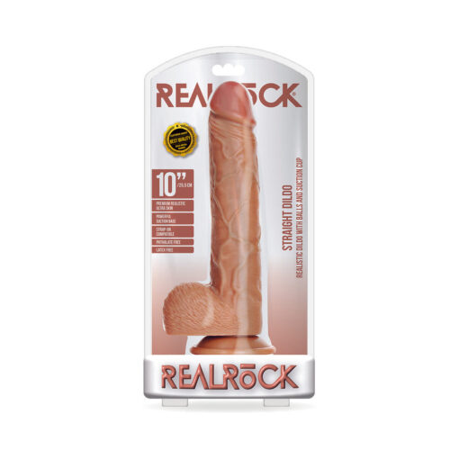 RealRock Realistic 10 in. Straight Dildo With Balls and Suction Cup Tan