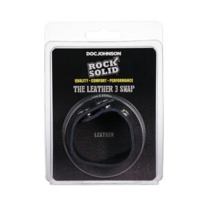 Black adjustable leather band with three metal snaps in retail packaging labeled Rock Solid