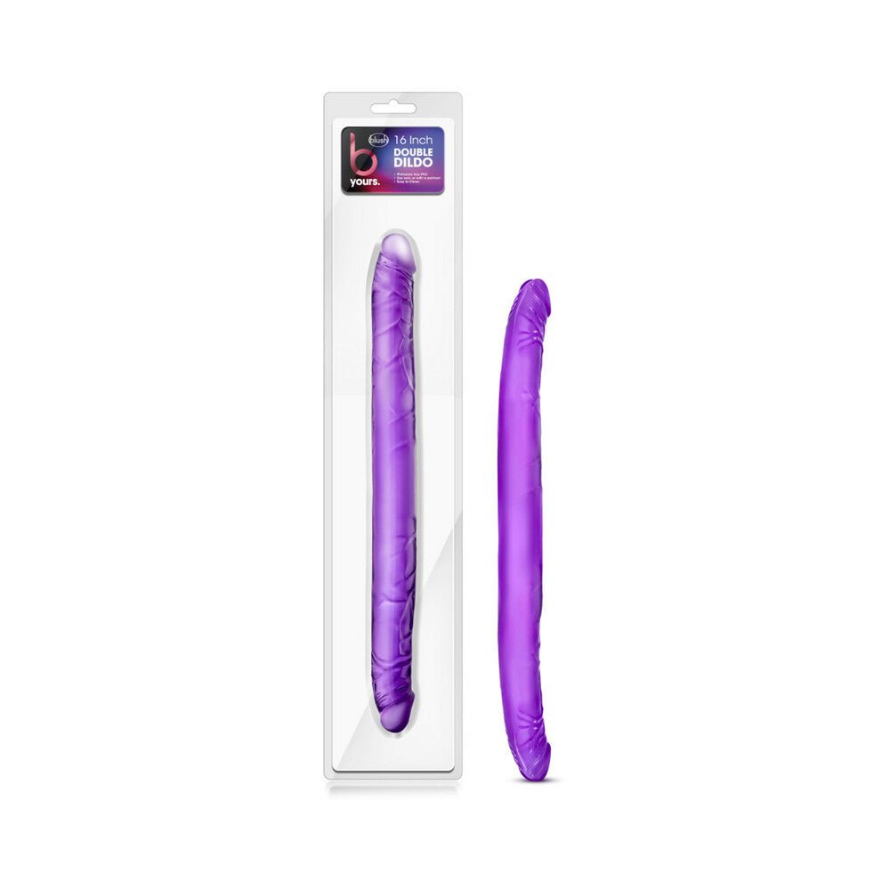 Purple 16 inch double-ended PVC toy with realistic texture, shown in and out of clear packaging
