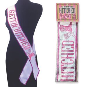 White sash with pink glitter trim and 'Gettin Hitched' text, featuring cowboy boot graphics