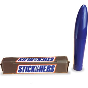 Blue massager with novelty chocolate bar style packaging labeled Stick It In Hers