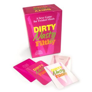 Dirty Nasty Filthy card game box in pink with several colorful game cards spread out in front