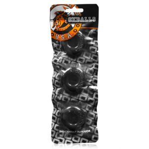 Three-pack of small black OxBalls rings in clear blister packaging with branded backing card