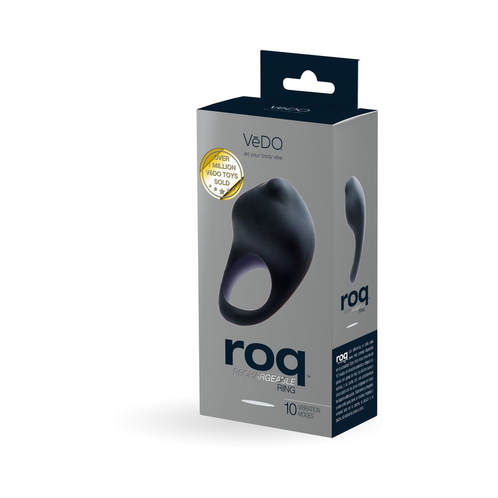 VeDO Roq Rechargeable Ring in black silicone shown on gray retail packaging with product image and branding