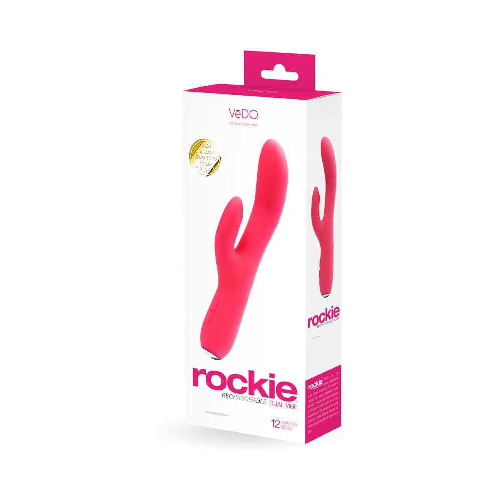 VeDO Rockie Rechargeable Dual Vibe in foxy pink silicone shown on white retail packaging