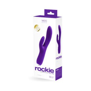 VeDO Rockie Rechargeable Dual Vibe in purple silicone shown on retail packaging