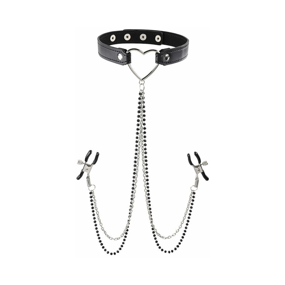 Sportsheets Sex & Mischief Amor Adjustable Collar with Nipple Clamps Black - Image 2