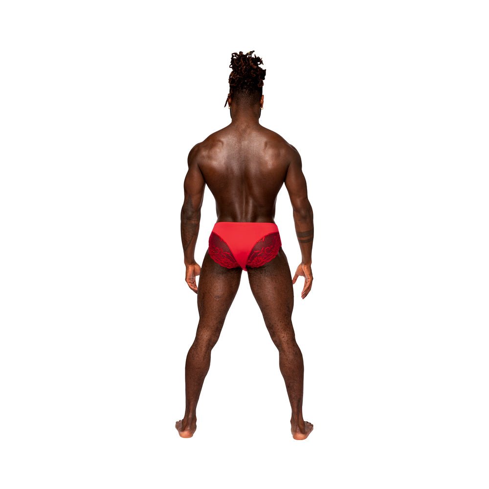 Male Power Sassy Lace Bikini Solid Pouch Red XL - Image 2