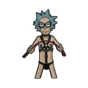 Multi-color enamel pin depicting a cartoon mad scientist with blue spiky hair, glasses, and black harness outfit