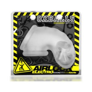 Clear silicone OxBalls Airlock Electro Air-Lite vented chastity device in retail packaging