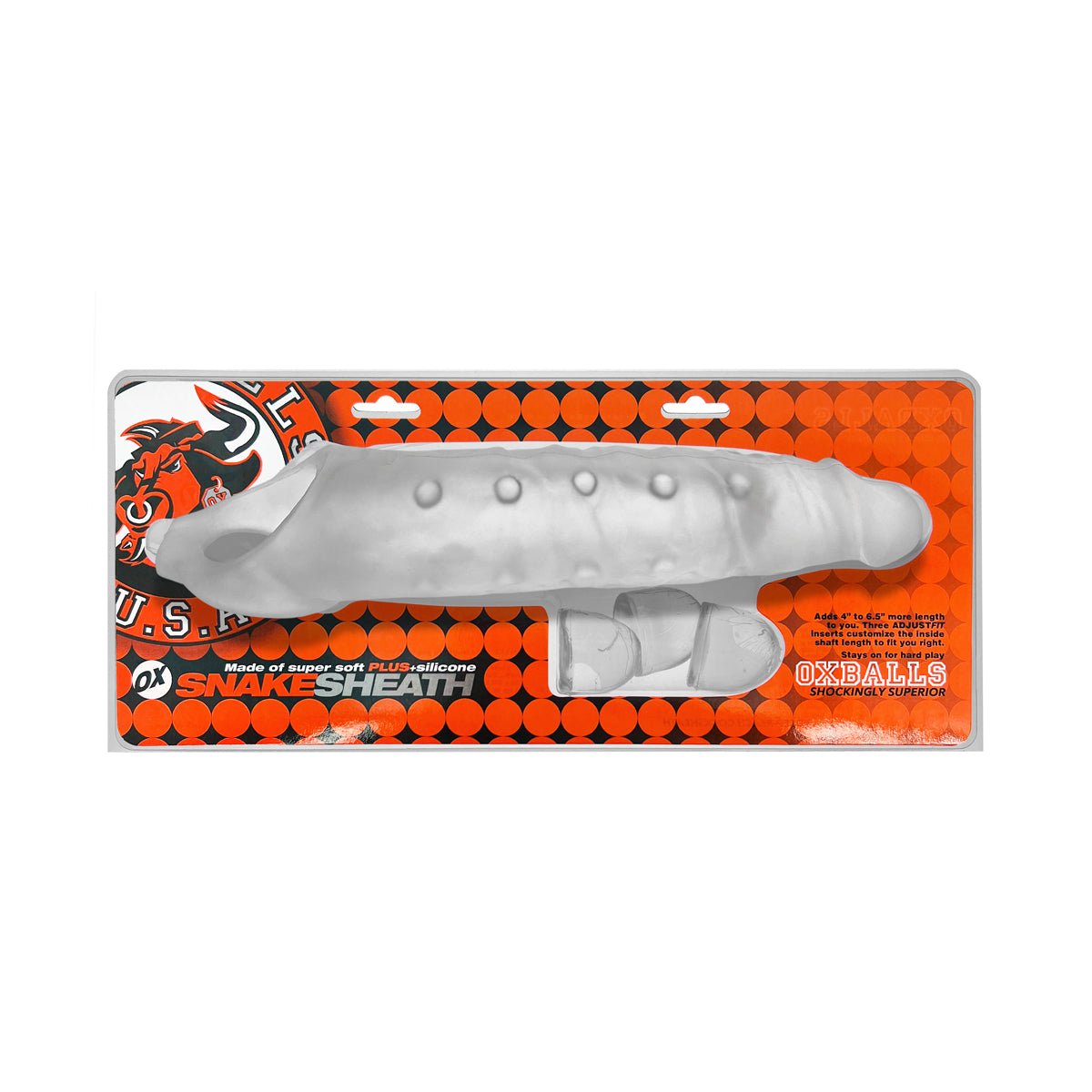 Clear silicone OxBalls Snake Deep-Reacher cocksheath in retail packaging with orange background