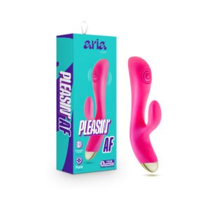 Fuchsia silicone dual-stimulation personal massager with gold accent, shown next to branded Aria Pleasin' AF box