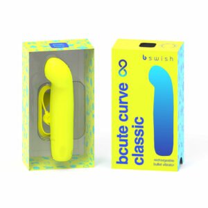 B Swish Bcute Classic Curve Infinite Citrus Yellow silicone curved personal massager in yellow packaging with blue text
