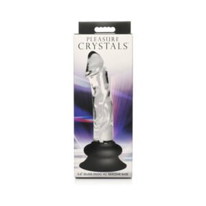 Clear glass dildo with a black silicone base in branded packaging