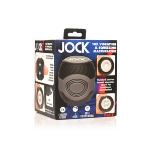 Jock 10X Vibrating Double Masturbator in black silicone packaging by Curve Novelties