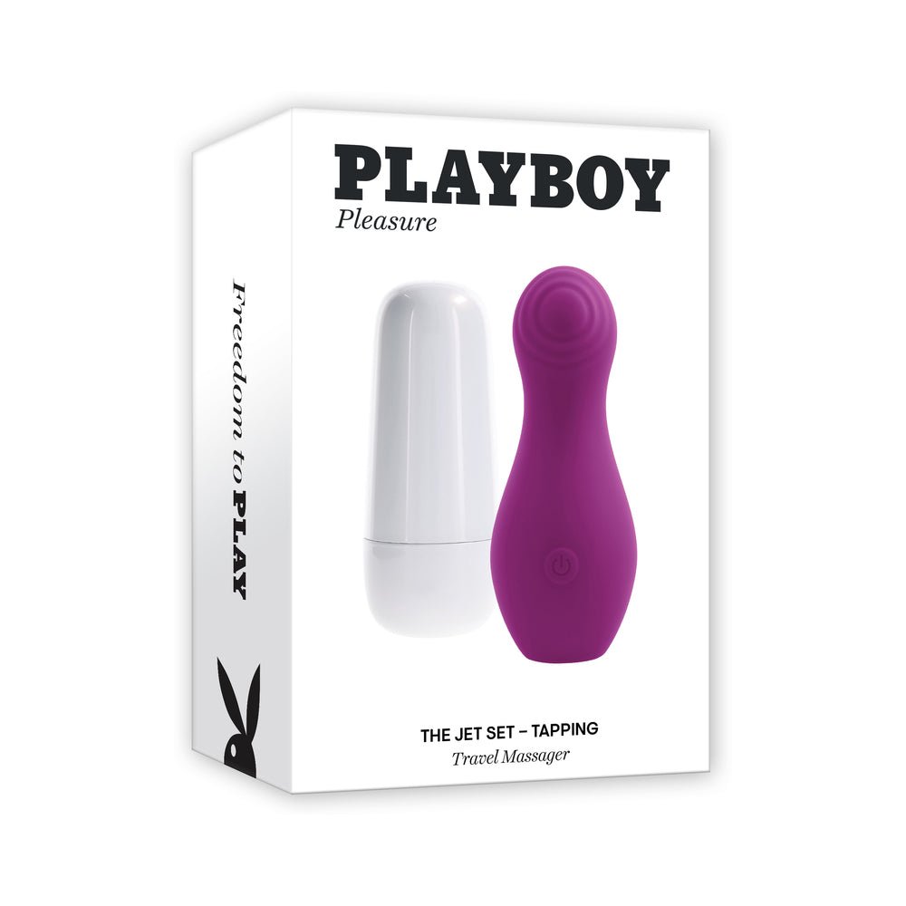 Playboy Pleasure The Jet Set Tapping travel massager in hot pink silicone with white travel case on retail packaging