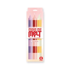 Pack of three striped pastel drip candles in purple, red, and yellow tones