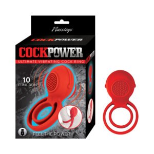 Red silicone dual-ring product with textured surface, shown next to branded packaging