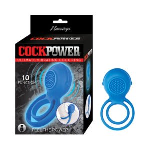 Blue silicone vibrating ring with dual loops and textured surface, shown next to branded packaging