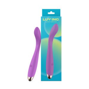 Purple silicone curved vibrator with textured tip and gold accent, shown next to branded box