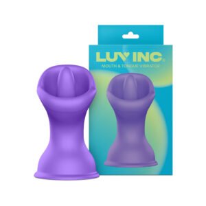 Purple silicone mouth and tongue shaped vibrator with retail packaging