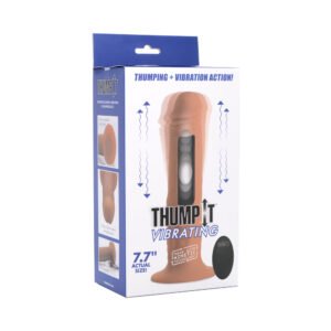 Box for XR Brands Thump It 7X remote vibrating and thumping dildo in vanilla beige silicone, 7.7 inch size