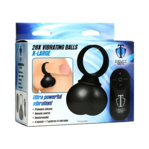 Black XL silicone vibrating ball with ring and remote control in branded retail packaging