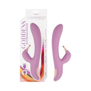 Light purple silicone massager with curved design and gold accent, shown next to branded packaging