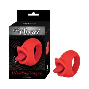 Red silicone vibrating tongue ring with packaging, featuring a tongue-shaped extension and circular opening
