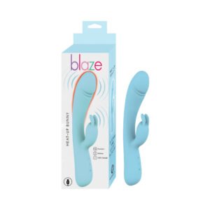 Blue silicone dual action rabbit vibrator with curved shaft and bunny-shaped clitoral stimulator next to product box