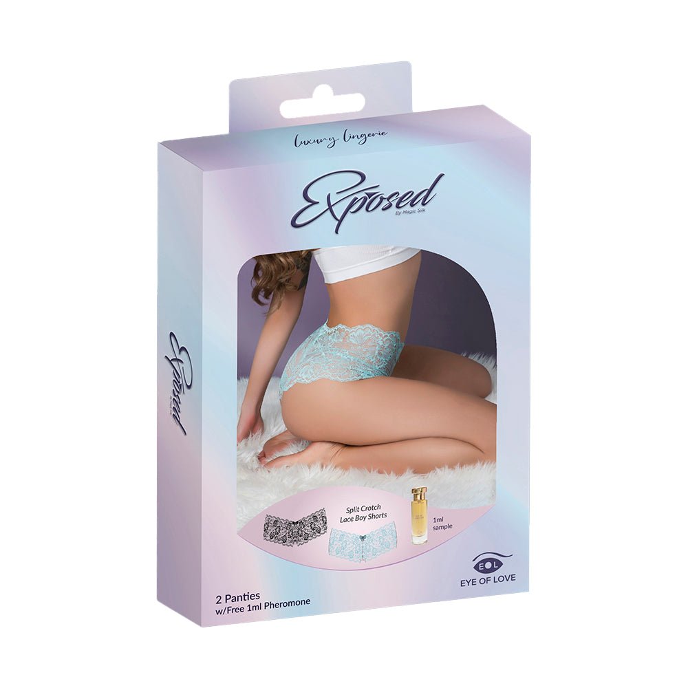 Magic Silk Pheromone Panties Split Crotch Lace Boy Short 2-Pack Aqua/Black Queen Size