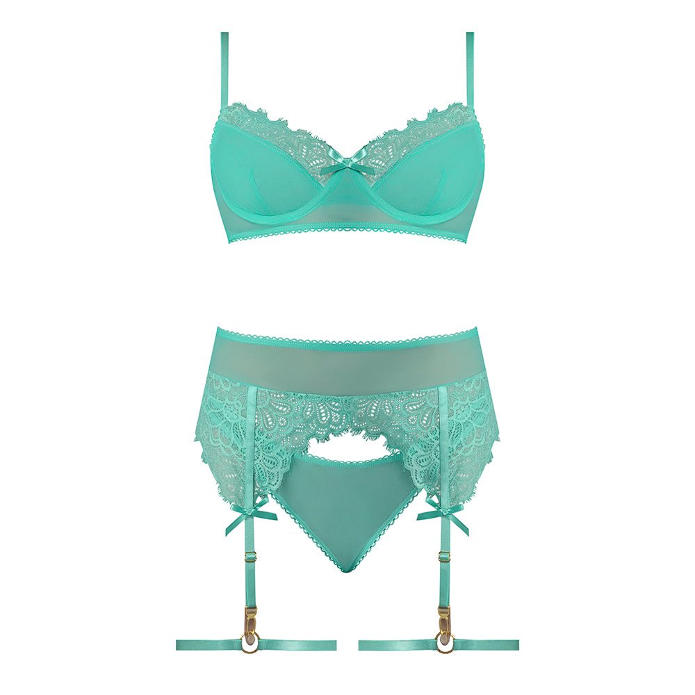 Magic Silk Caribbean Crush Demi Bra & Thong with Garter Set Aqua Glow L/XL - Image 4