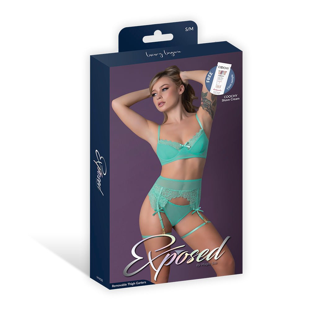 Magic Silk Caribbean Crush Demi Bra & Thong with Garter Set Aqua Glow L/XL - Image 6