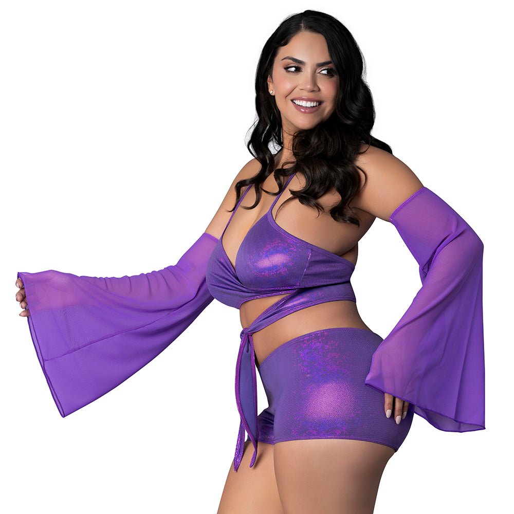Magic Silk Glimmer Wrap Bralette, Booty Shorts & Sleeve Set Purple Disco Queen Size - Image 2
