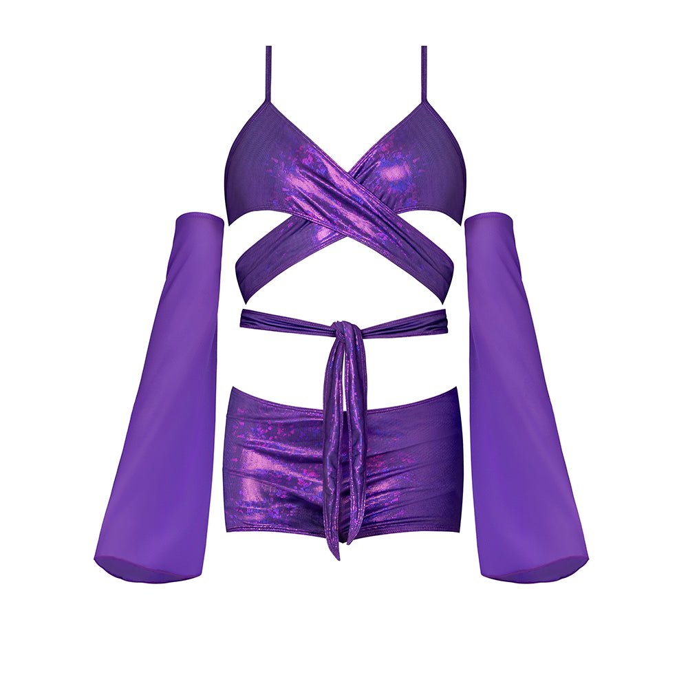 Magic Silk Glimmer Wrap Bralette, Booty Shorts & Sleeve Set Purple Disco Queen Size - Image 4