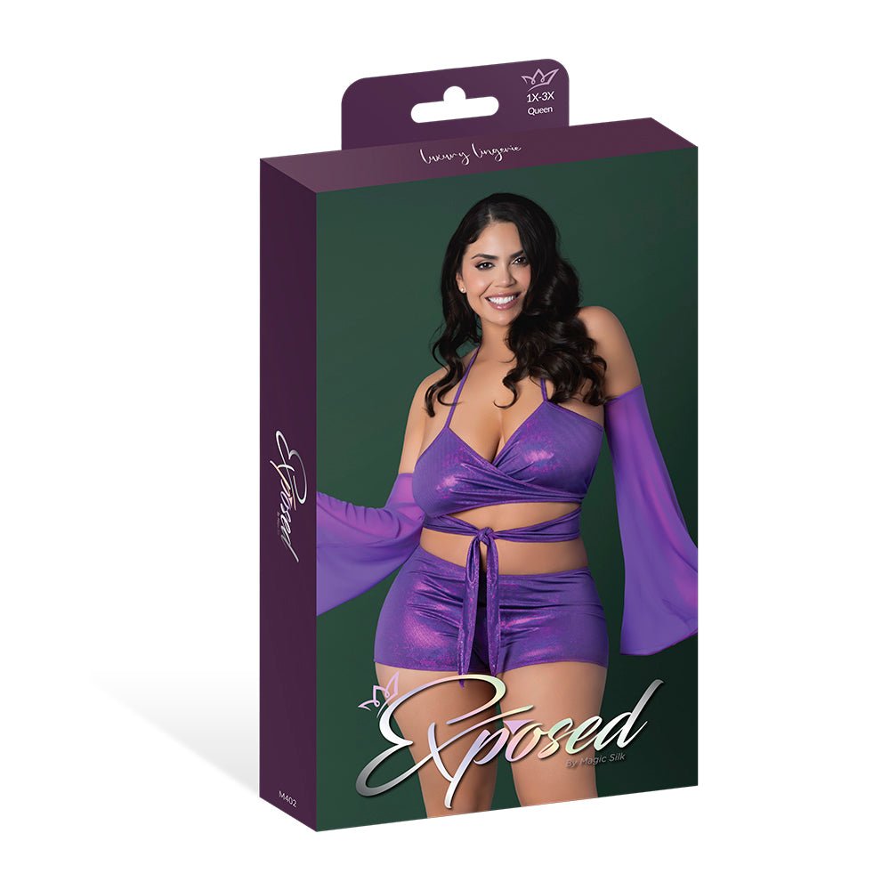 Magic Silk Glimmer Wrap Bralette, Booty Shorts & Sleeve Set Purple Disco Queen Size - Image 6